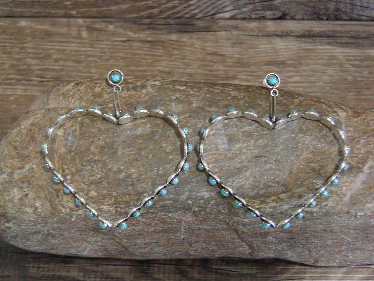 Large Zuni Indian Sterling Silver & Turquoise Heart Post Earrings - Quam