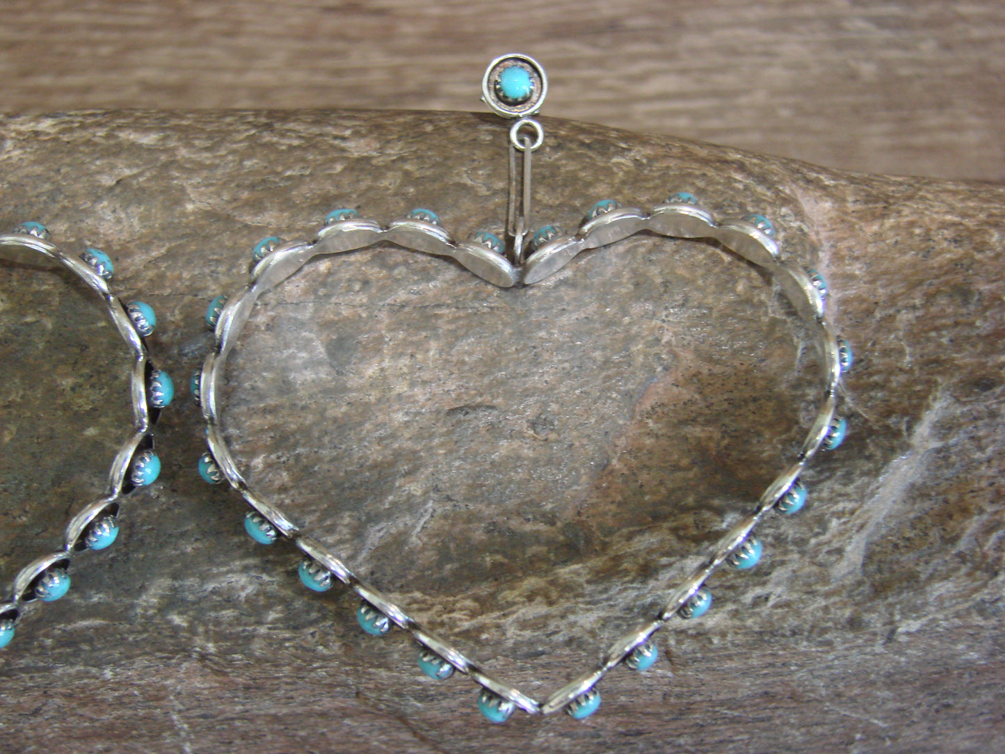 Large Zuni Indian Sterling Silver & Turquoise Heart Post Earrings - Quam