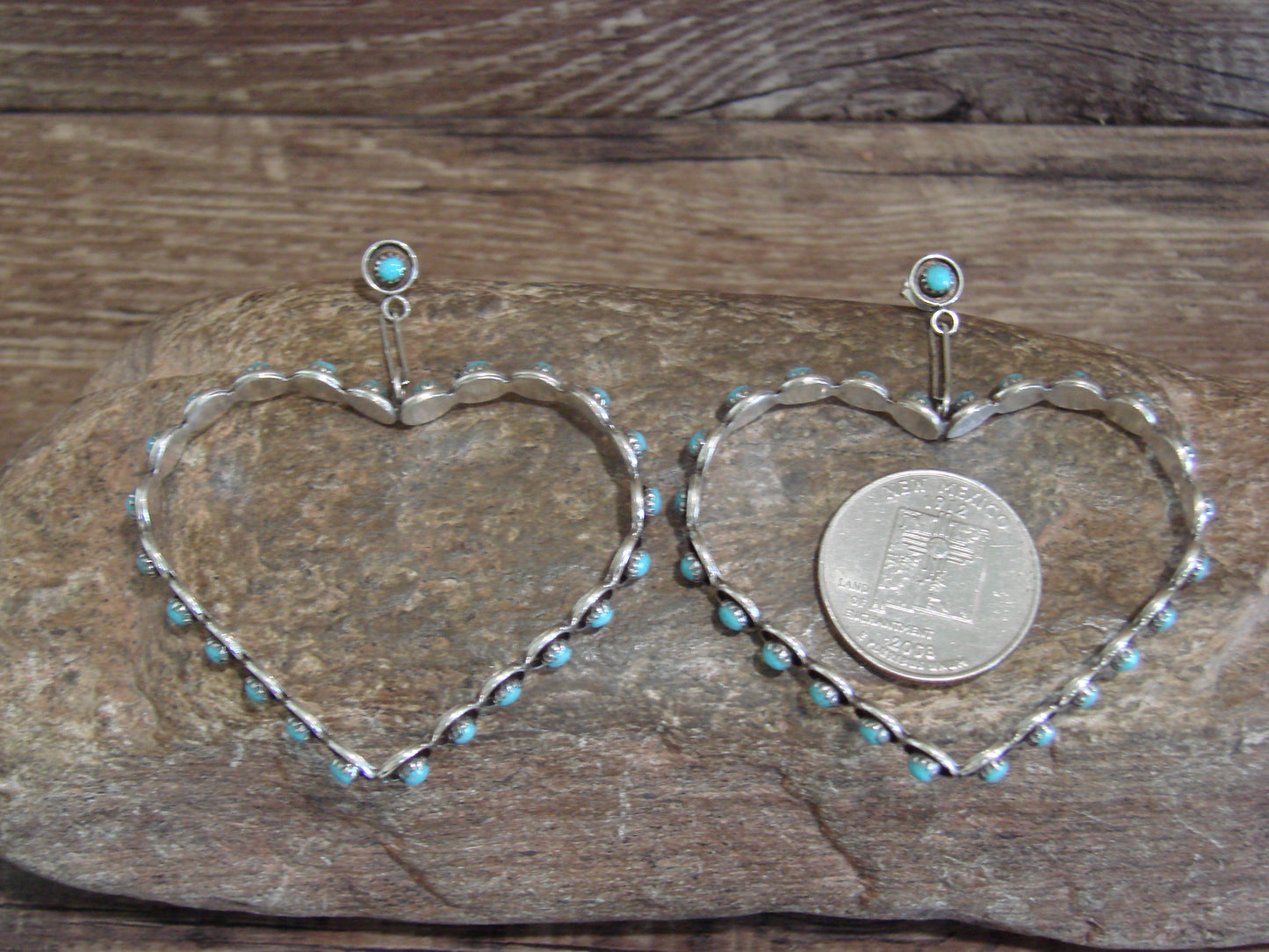 Large Zuni Indian Sterling Silver & Turquoise Heart Post Earrings - Quam