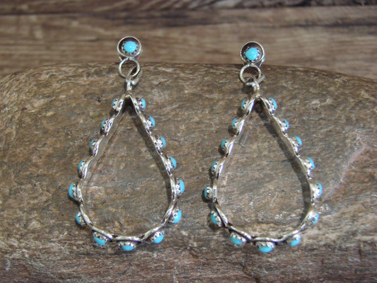 Zuni Indian Sterling Silver & Turquoise Loop Post Earrings - Quam