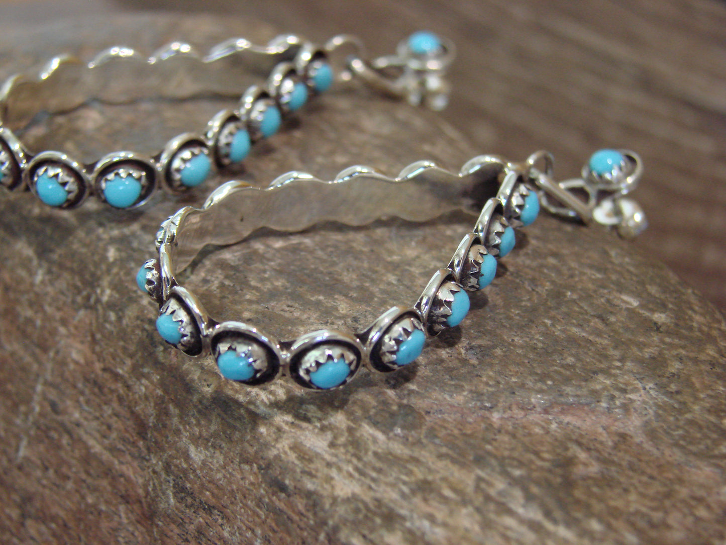 Zuni Indian Sterling Silver & Turquoise Loop Post Earrings - Quam