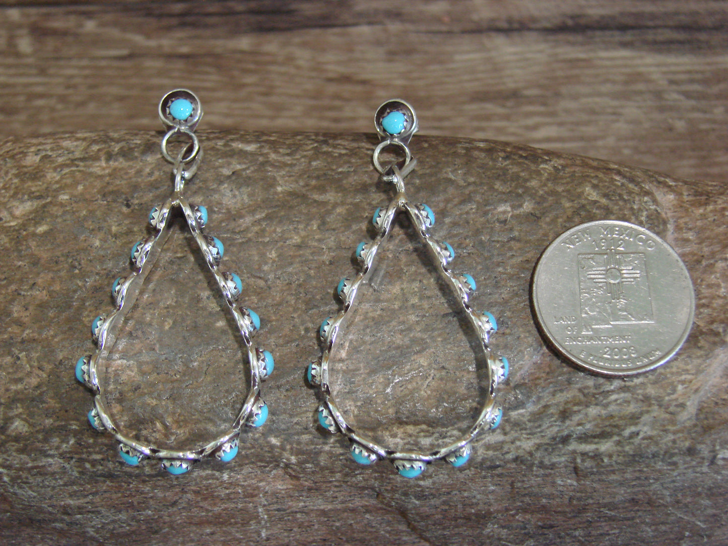 Zuni Indian Sterling Silver & Turquoise Loop Post Earrings - Quam