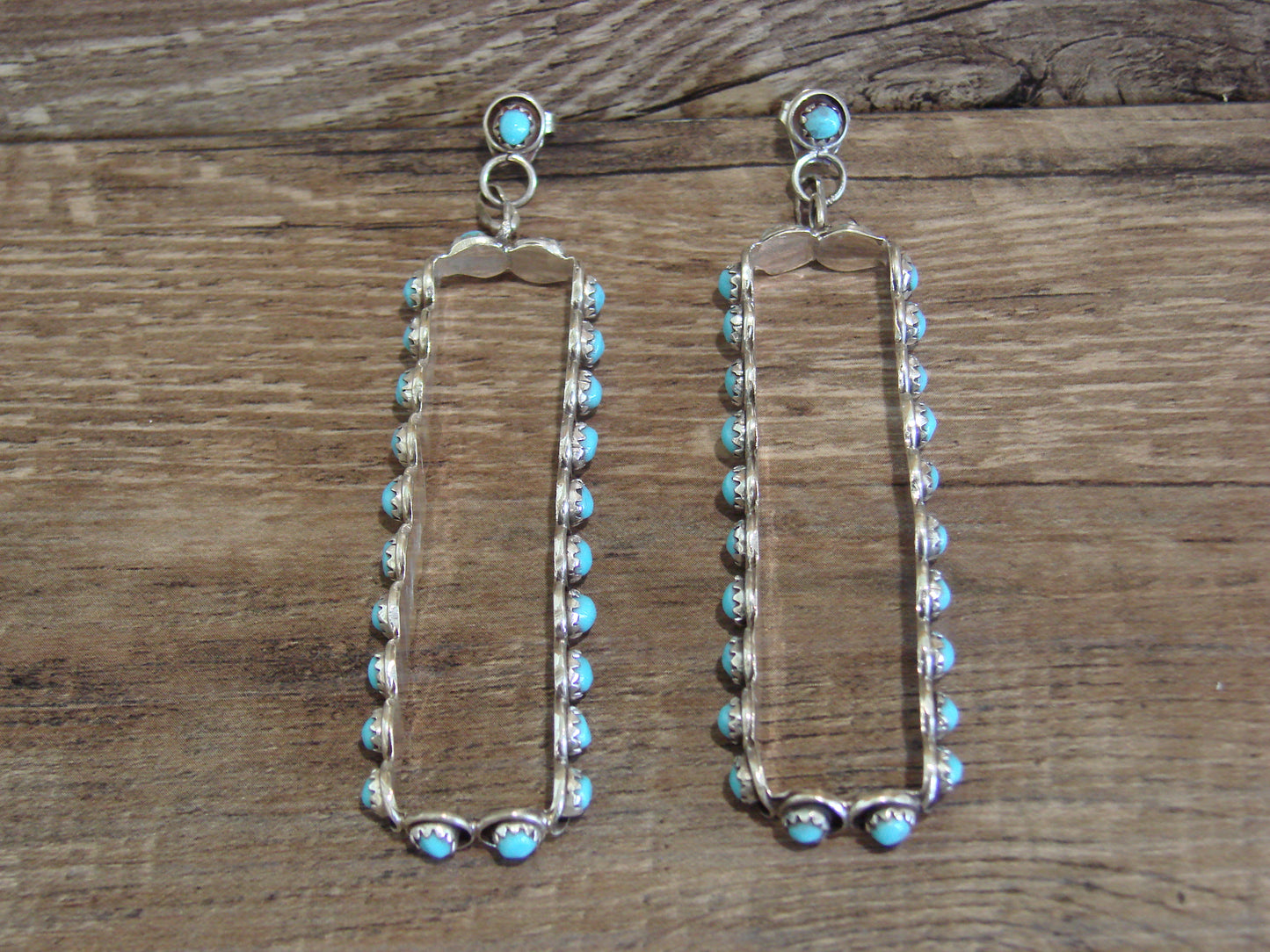 Large Zuni Indian Sterling Silver & Turquoise Post Earrings - Quam