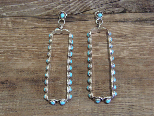 Large Zuni Indian Sterling Silver & Turquoise Post Earrings - Quam