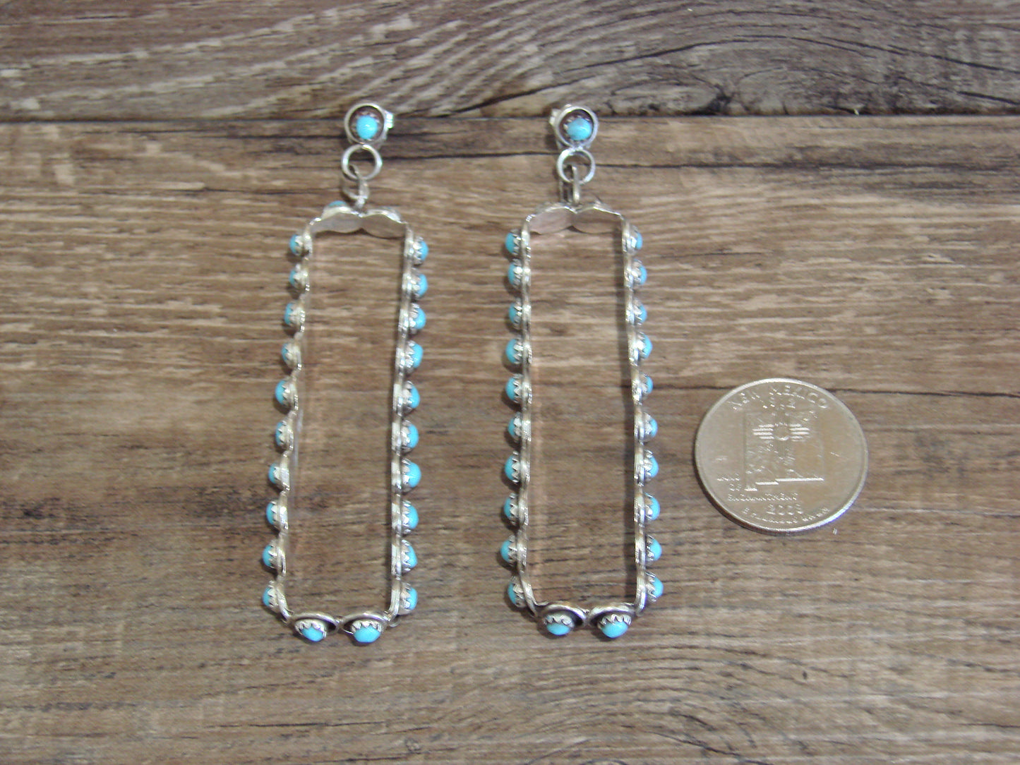 Large Zuni Indian Sterling Silver & Turquoise Post Earrings - Quam