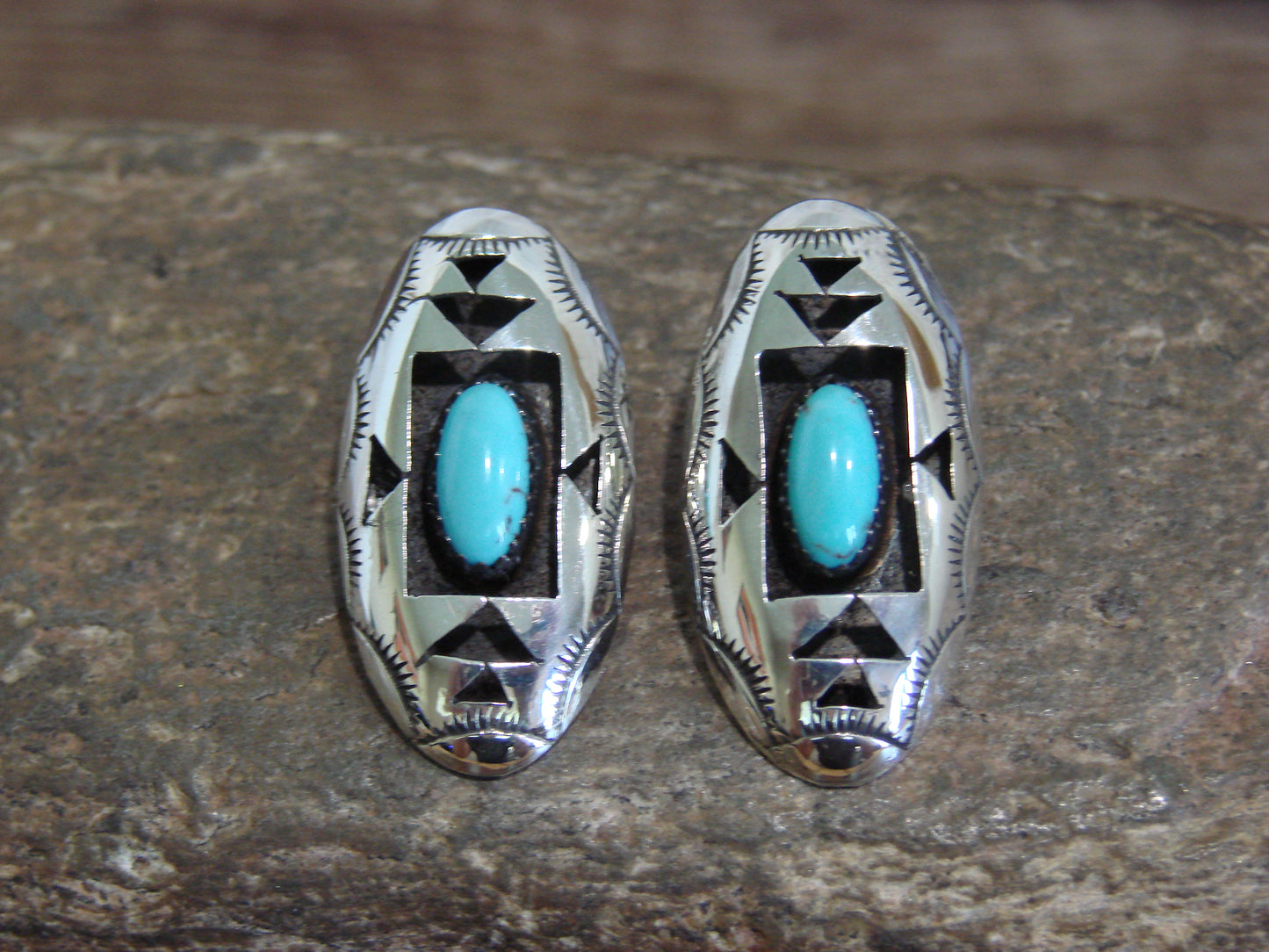 Native American Sterling Silver & Turquoise Shadowbox Post Earrings - Perry