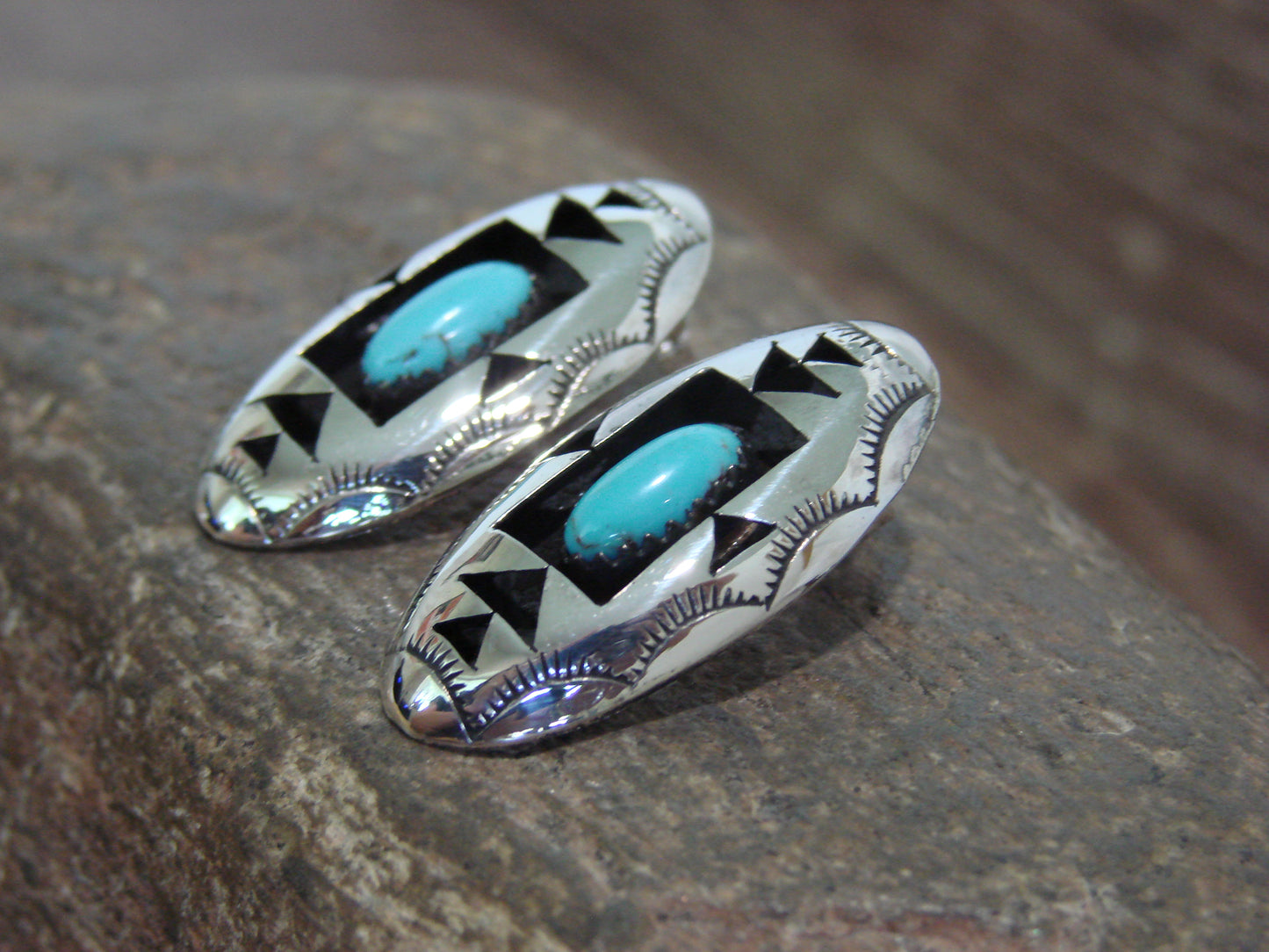 Native American Sterling Silver & Turquoise Shadowbox Post Earrings - Perry