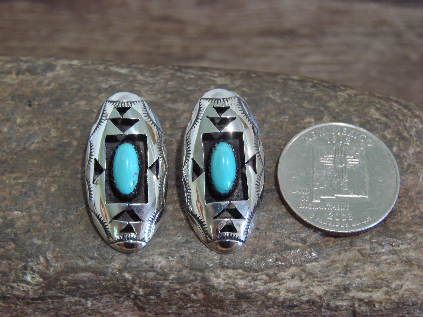 Native American Sterling Silver & Turquoise Shadowbox Post Earrings - Perry