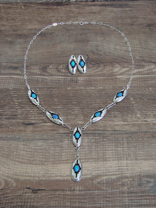 Native American Sterling Silver & Blue Opal Link Necklace Set by Perry