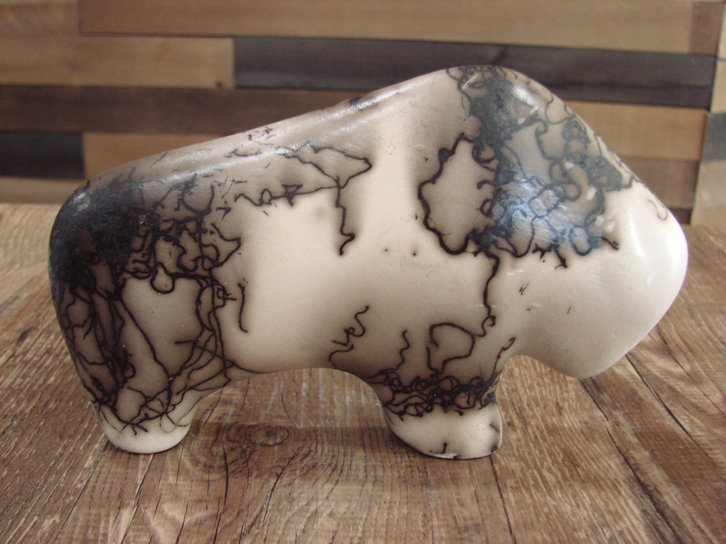 Small Native American Pottery Horse Hair Buffalo Sculpture by Vail