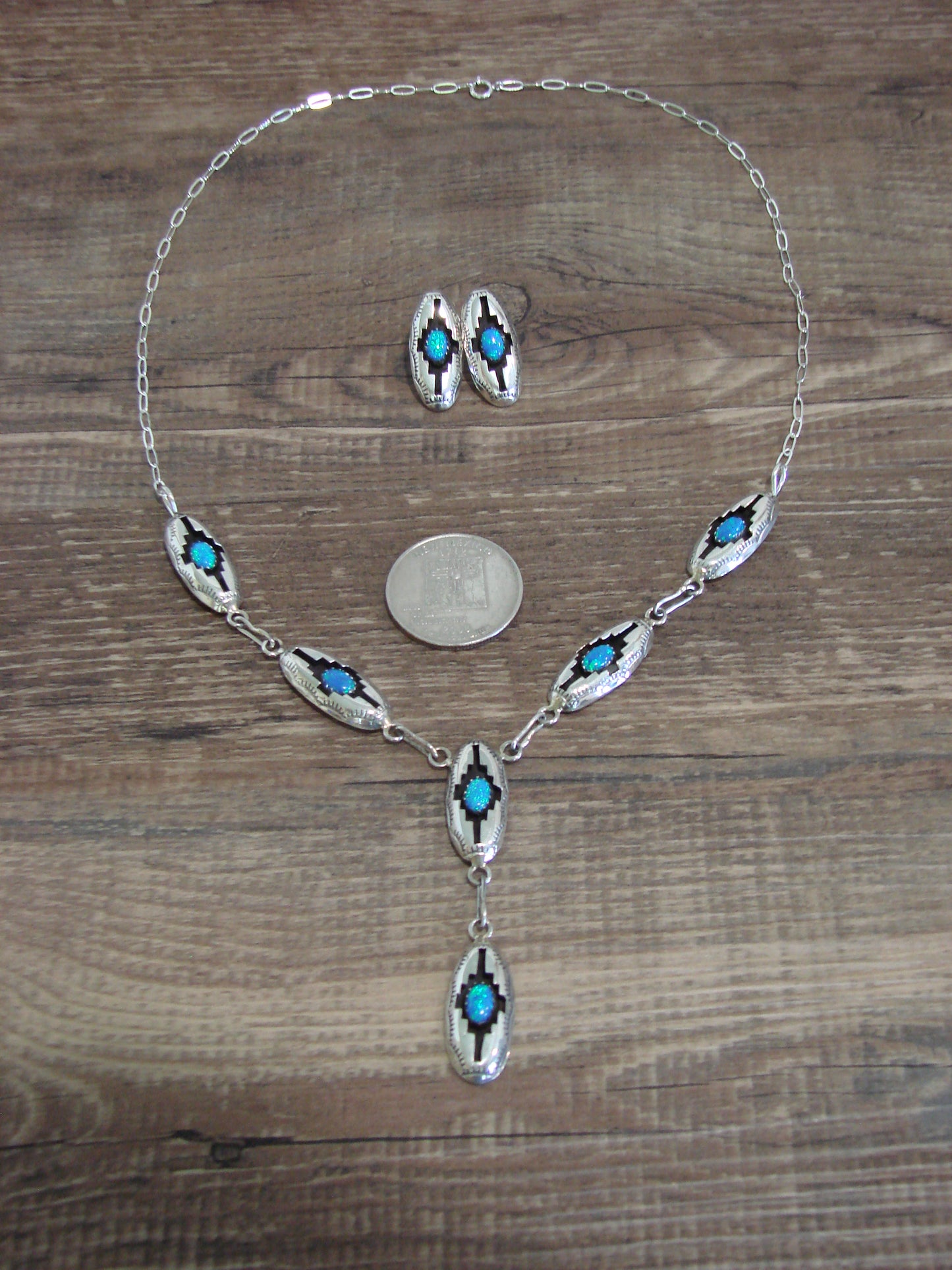 Native American Sterling Silver & Blue Opal Link Necklace Set by Perry