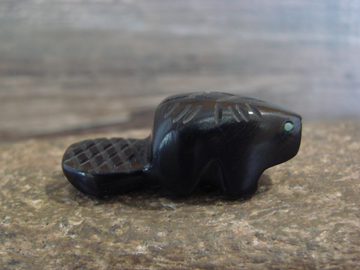 Native American Indian Hand Carved Jet Beaver Fetish - B. Phillips