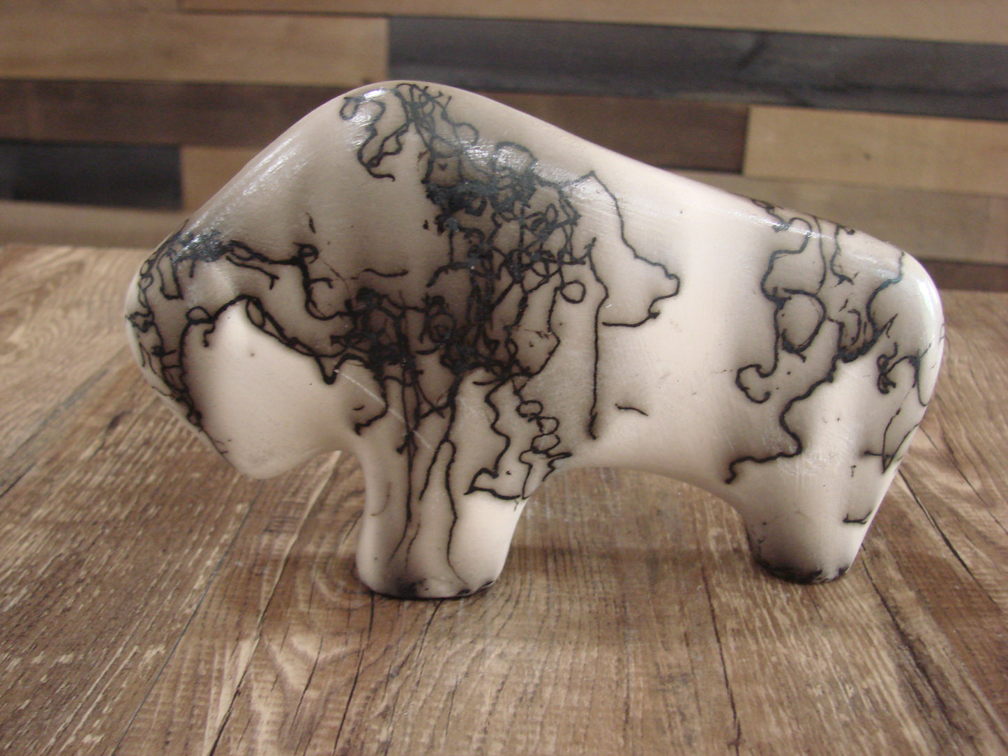 Small Native American Pottery Horse Hair Buffalo Sculpture by Vail
