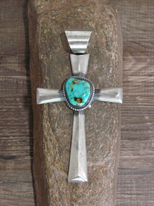 Large Native American Sterling Silver & Turquoise Cross Pendant Signed Butte