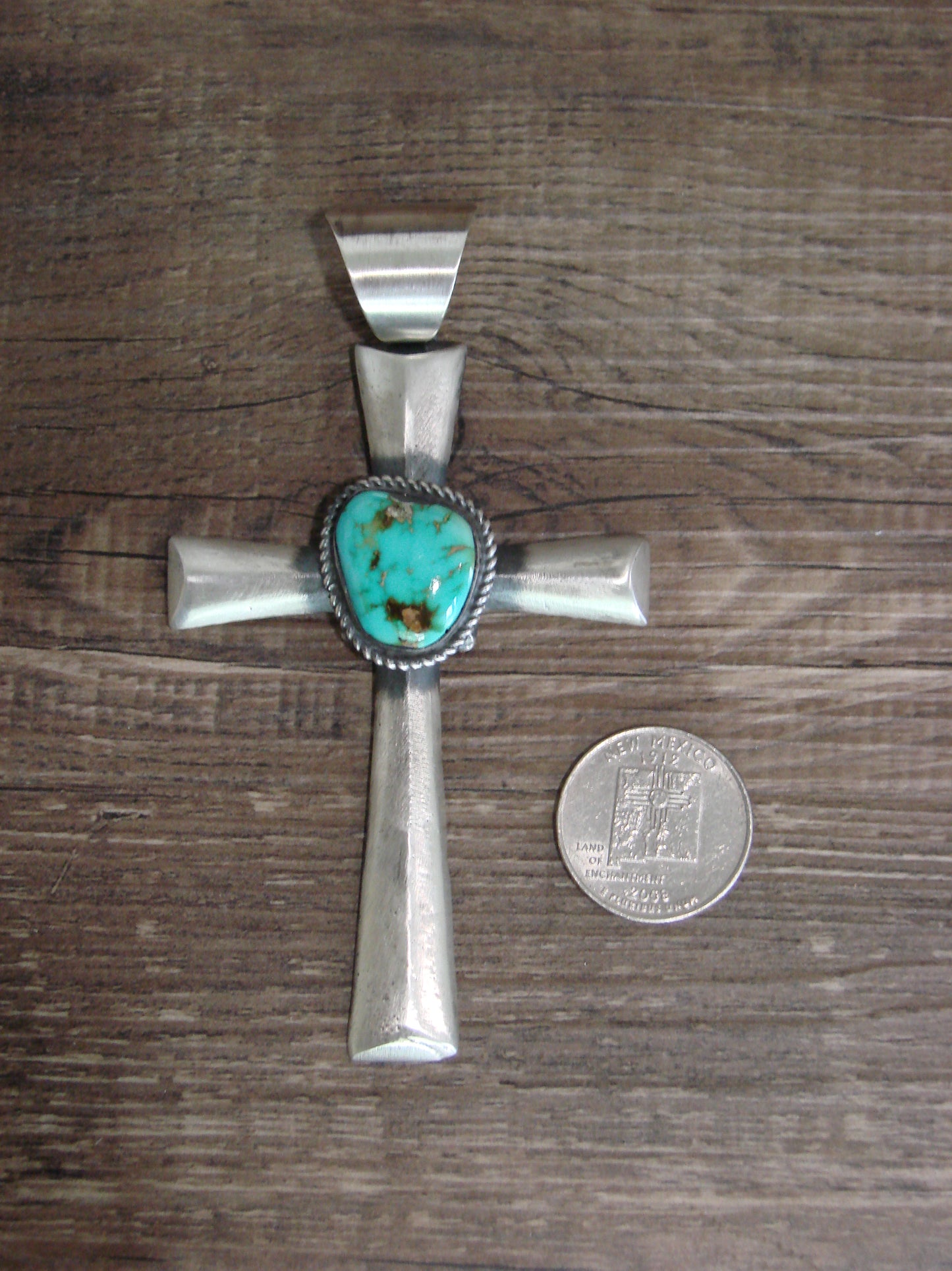 Large Native American Sterling Silver & Turquoise Cross Pendant Signed Butte