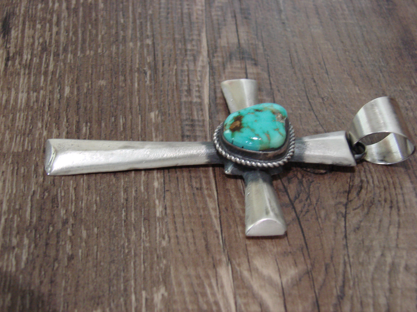 Large Native American Sterling Silver & Turquoise Cross Pendant Signed Butte
