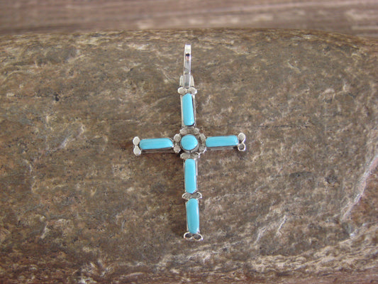 Native American Zuni Indian Sterling Silver Turquoise Cross Pendant by Vacit