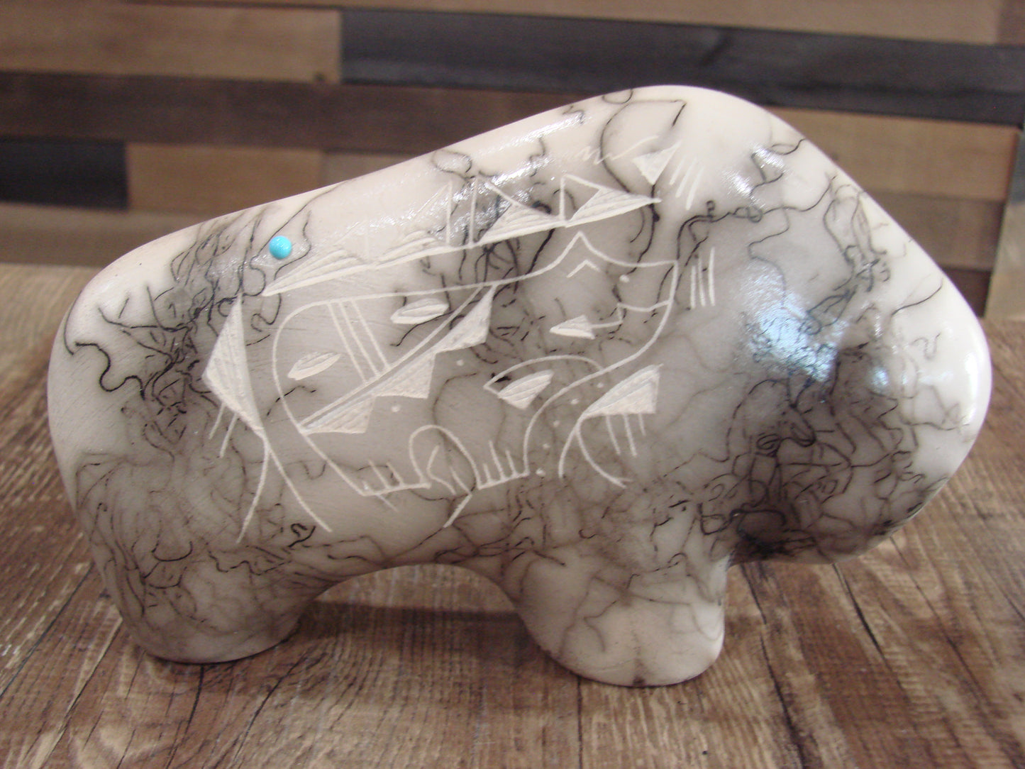 Small Native American Pottery Horse Hair Buffalo Sculpture by Vail