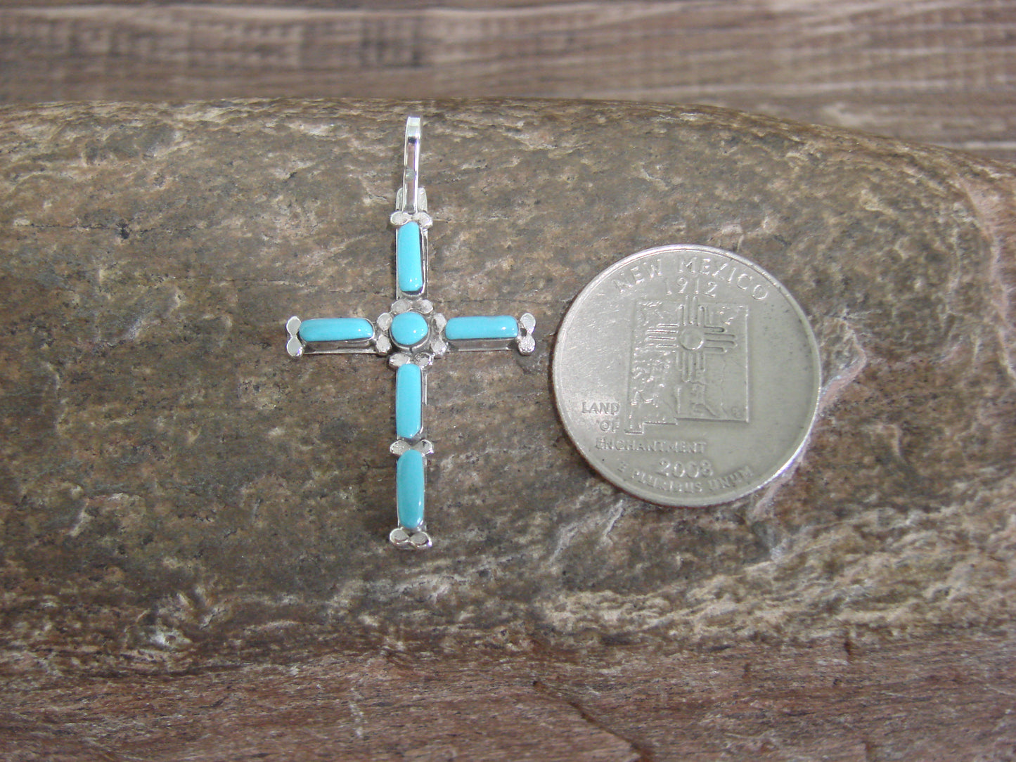 Native American Zuni Indian Sterling Silver Turquoise Cross Pendant by Vacit