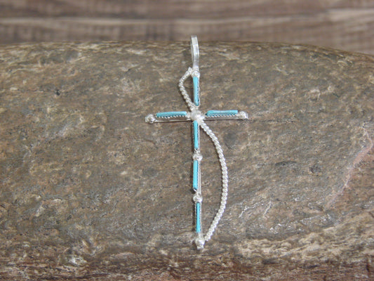 Native American Zuni Indian Sterling Silver Turquoise Cross Pendant by Peywa
