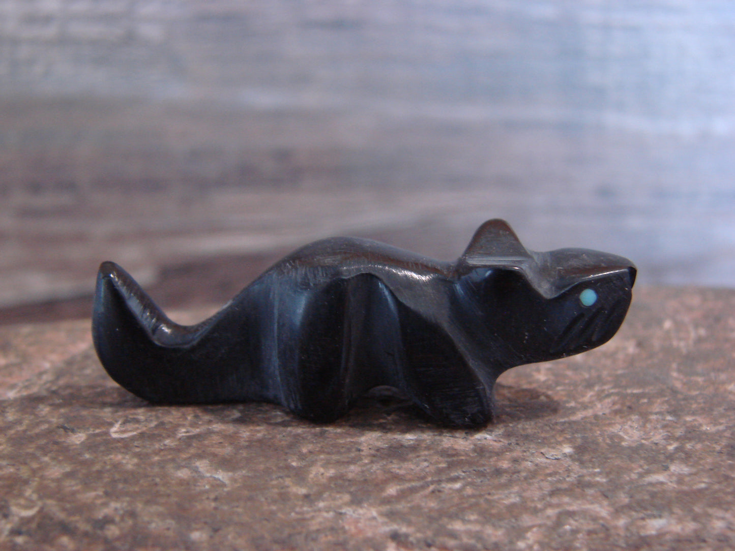 Native American Indian Hand Carved Jet Mountain Lion Fetish - B. Phillips