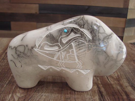 Small Native American Pottery Horse Hair Buffalo Sculpture by Vail