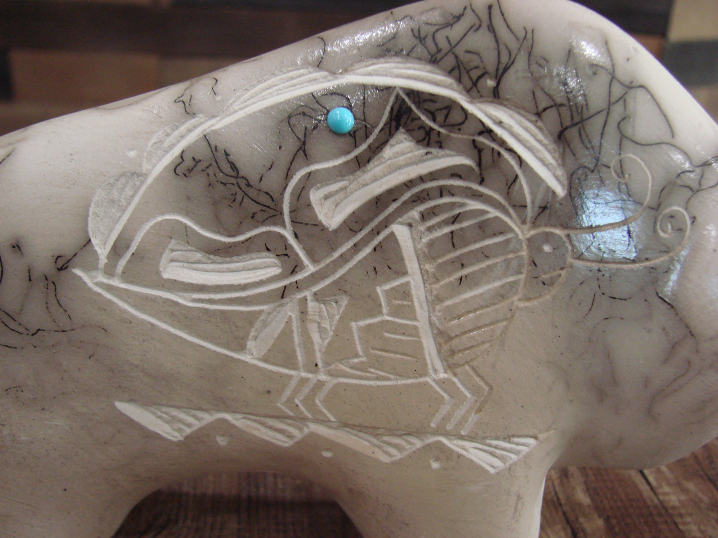 Small Native American Pottery Horse Hair Buffalo Sculpture by Vail