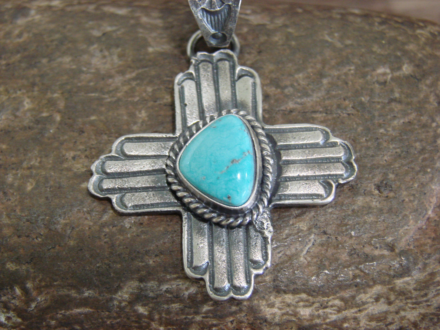 Native American Cast Sterling Silver & Turquoise Zia Pendant Signed Billah