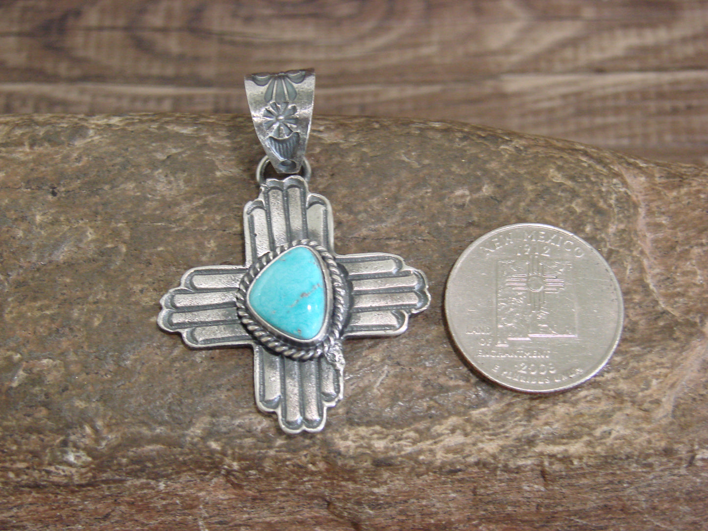 Native American Cast Sterling Silver & Turquoise Zia Pendant Signed Billah