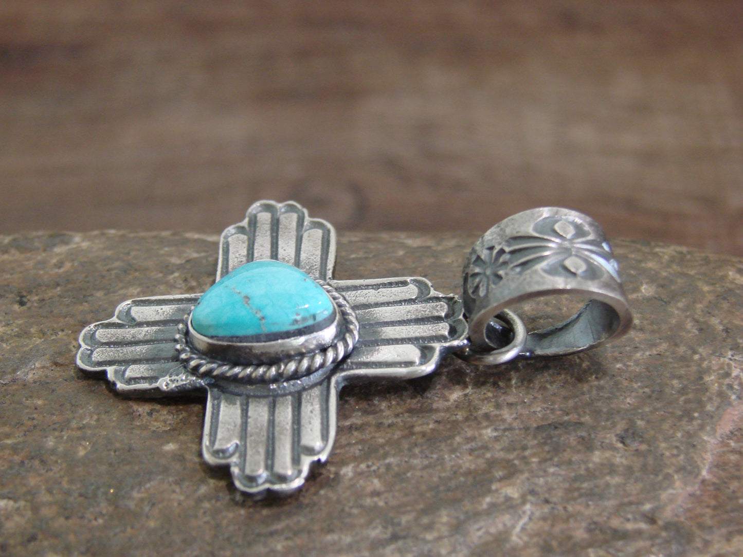 Native American Cast Sterling Silver & Turquoise Zia Pendant Signed Billah