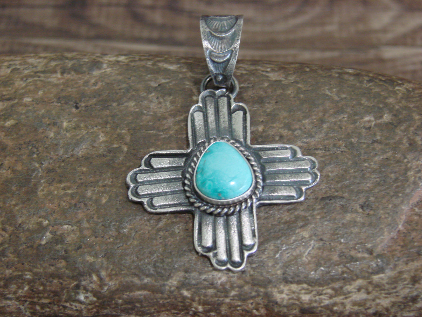 Native American Cast Sterling Silver & Turquoise Zia Pendant Signed Billah