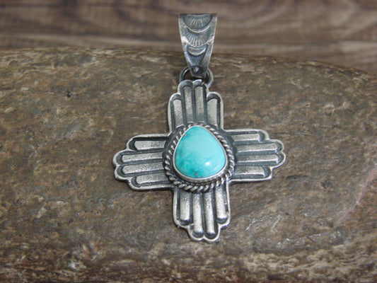 Native American Cast Sterling Silver & Turquoise Zia Pendant Signed Billah