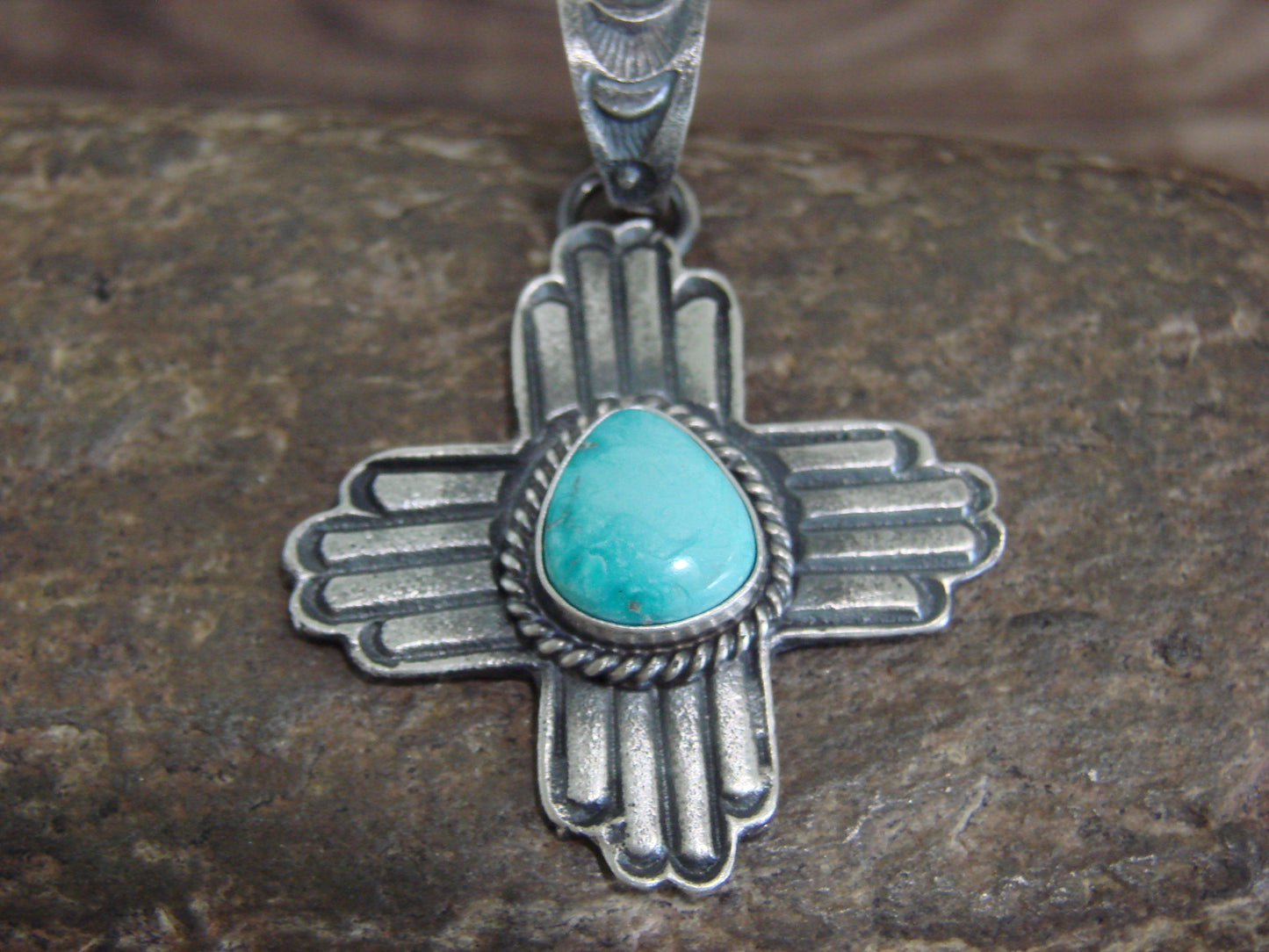 Native American Cast Sterling Silver & Turquoise Zia Pendant Signed Billah