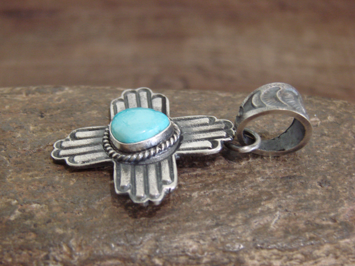 Native American Cast Sterling Silver & Turquoise Zia Pendant Signed Billah