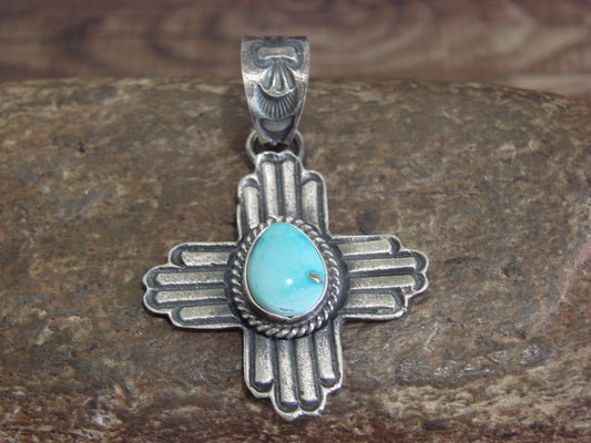 Native American Cast Sterling Silver & Turquoise Zia Pendant Signed Billah