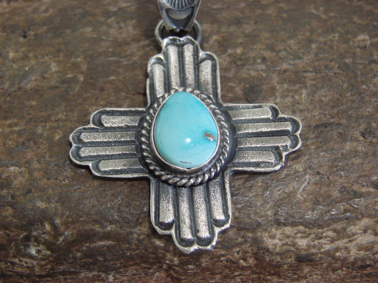 Native American Cast Sterling Silver & Turquoise Zia Pendant Signed Billah