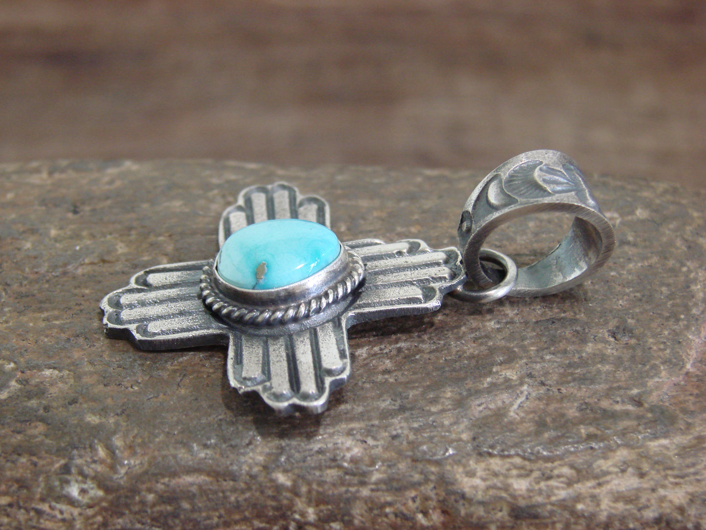 Native American Cast Sterling Silver & Turquoise Zia Pendant Signed Billah
