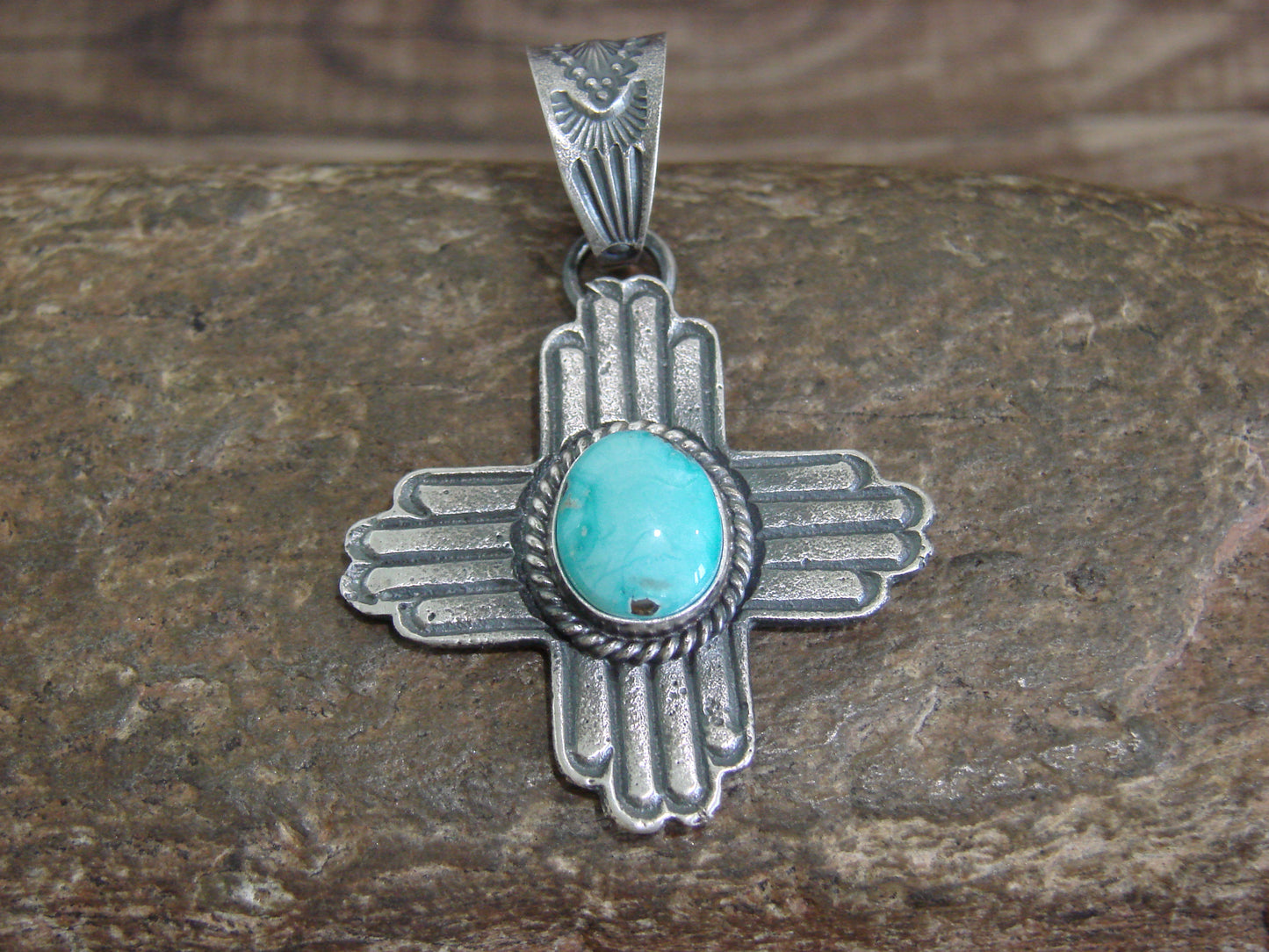 Native American Cast Sterling Silver & Turquoise Zia Pendant Signed Billah