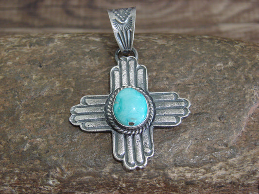 Native American Cast Sterling Silver & Turquoise Zia Pendant Signed Billah