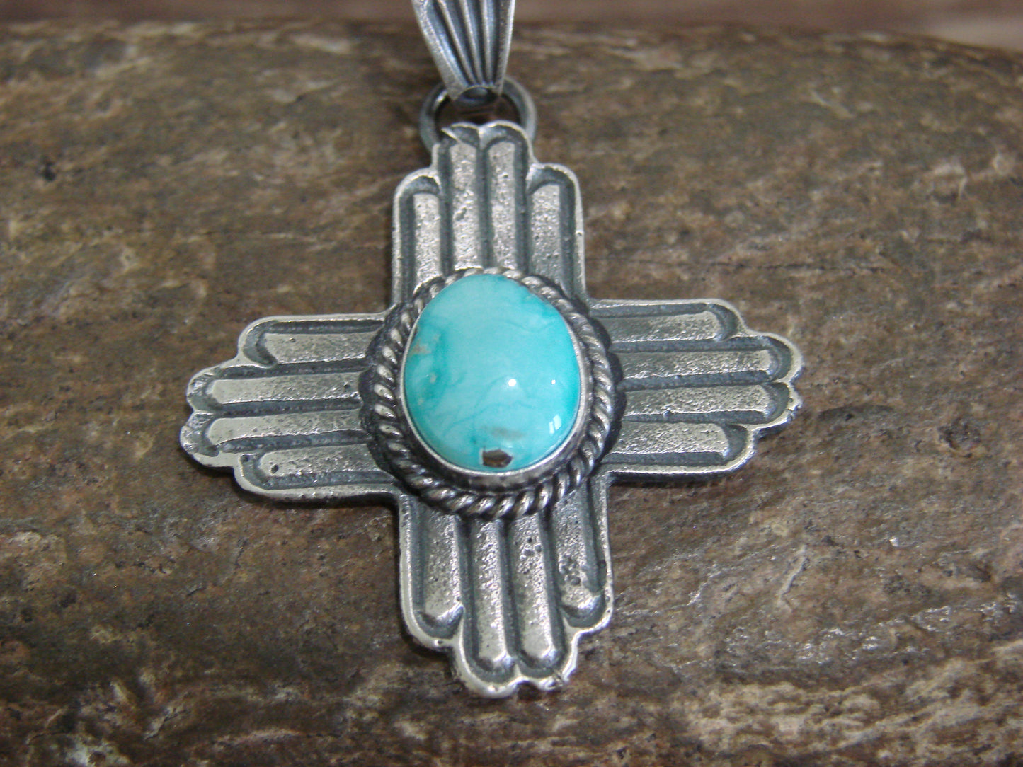 Native American Cast Sterling Silver & Turquoise Zia Pendant Signed Billah