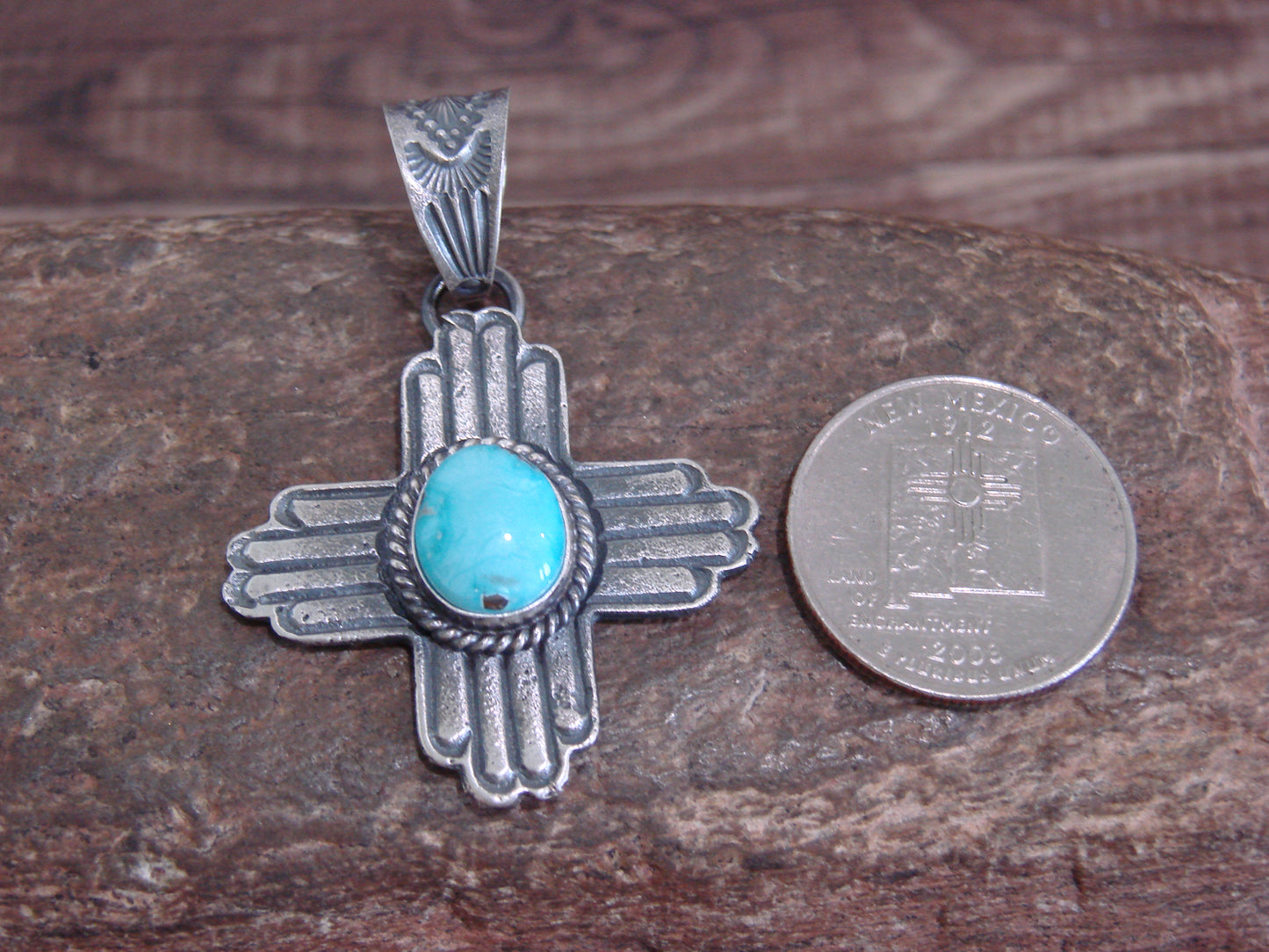 Native American Cast Sterling Silver & Turquoise Zia Pendant Signed Billah