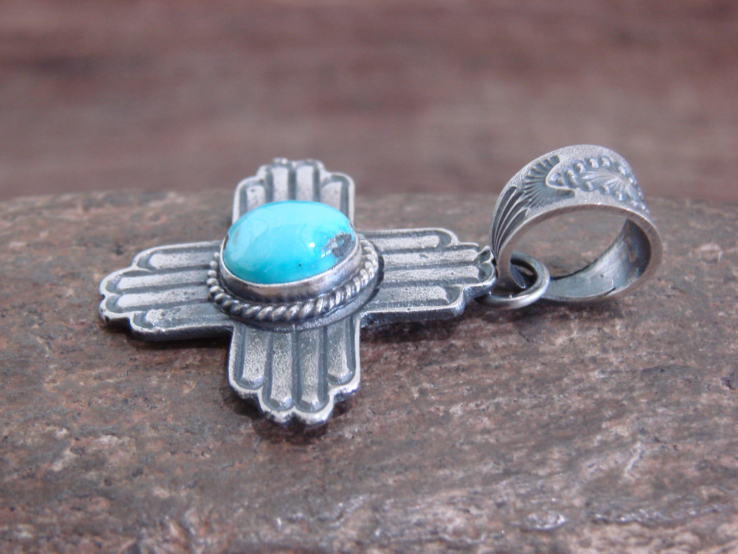 Native American Cast Sterling Silver & Turquoise Zia Pendant Signed Billah
