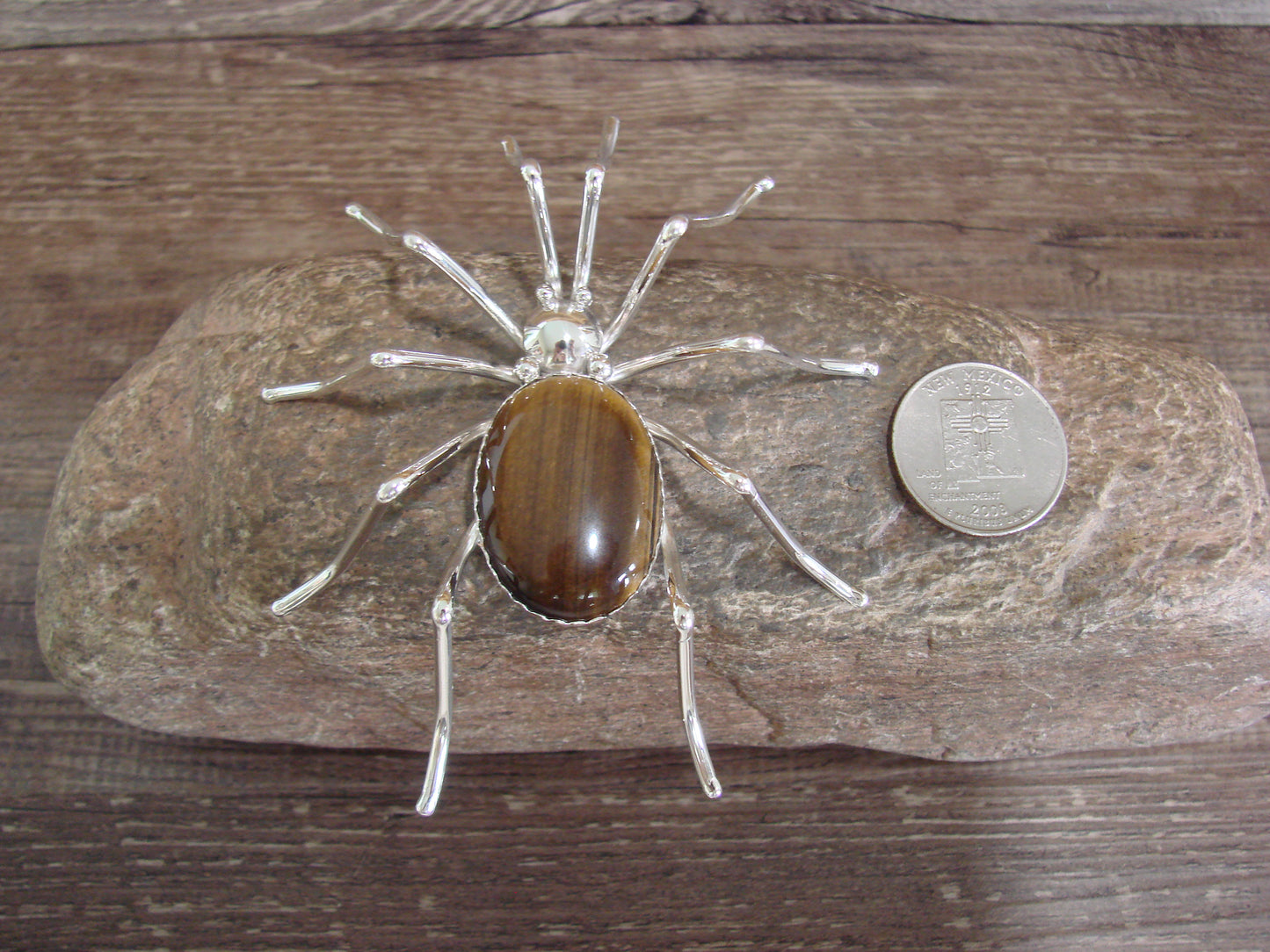 Large Native American Sterling Silver & Amber Spider Pin by Garfield