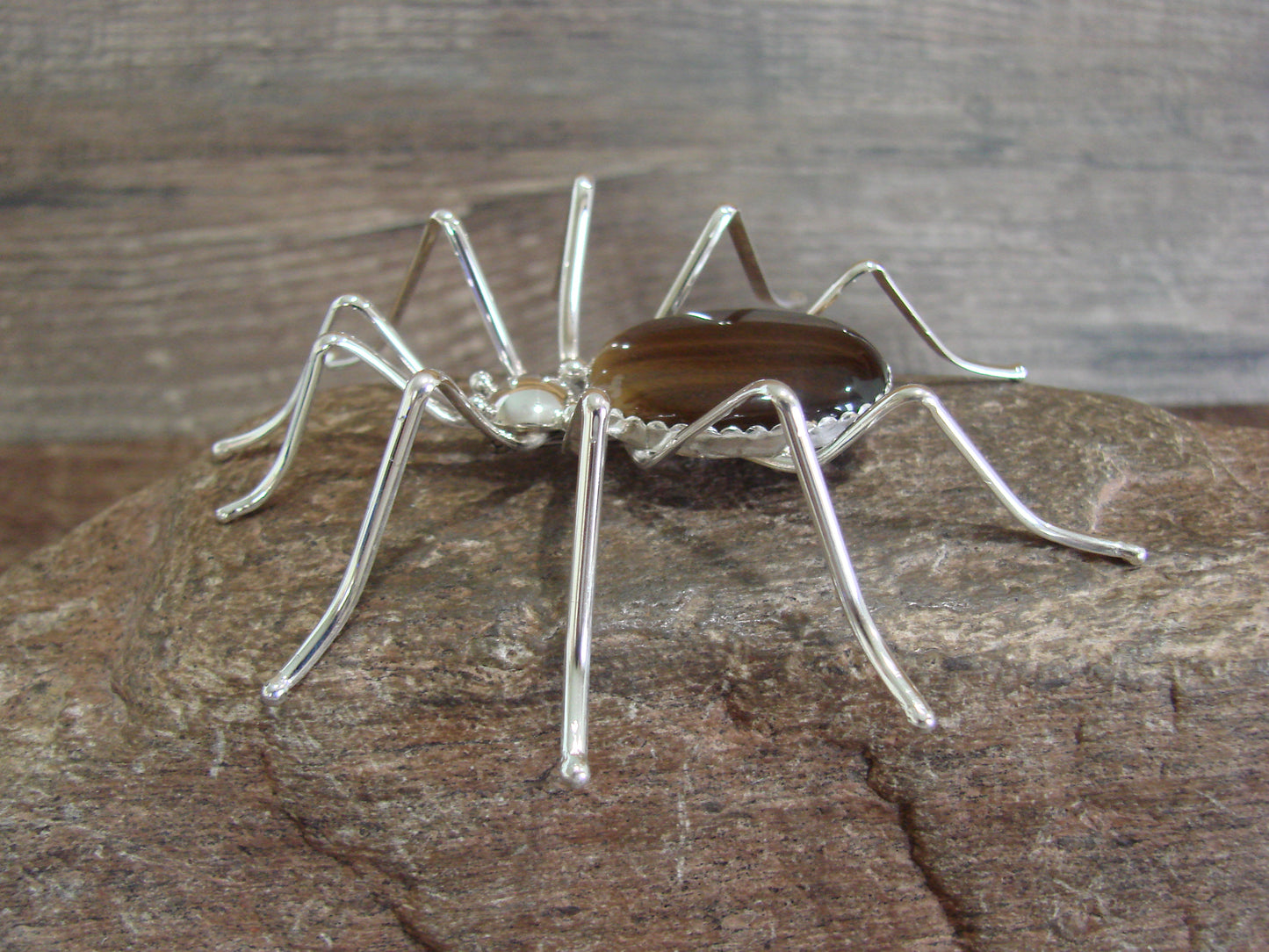 Large Native American Sterling Silver & Amber Spider Pin by Garfield