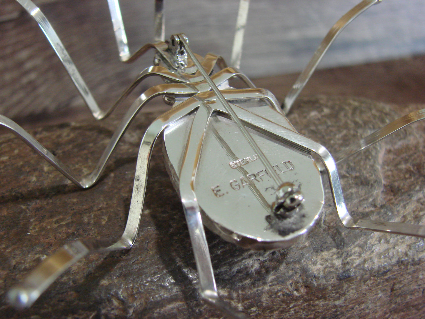 Large Native American Sterling Silver & Amber Spider Pin by Garfield