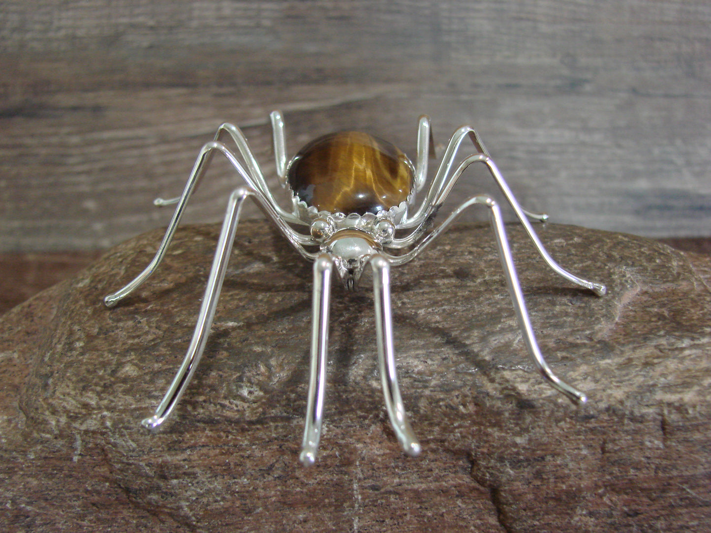 Large Native American Sterling Silver & Amber Spider Pin by Garfield
