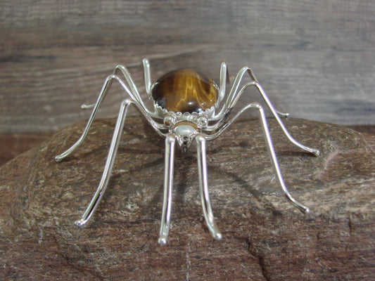 Large Native American Sterling Silver & Amber Spider Pin by Garfield