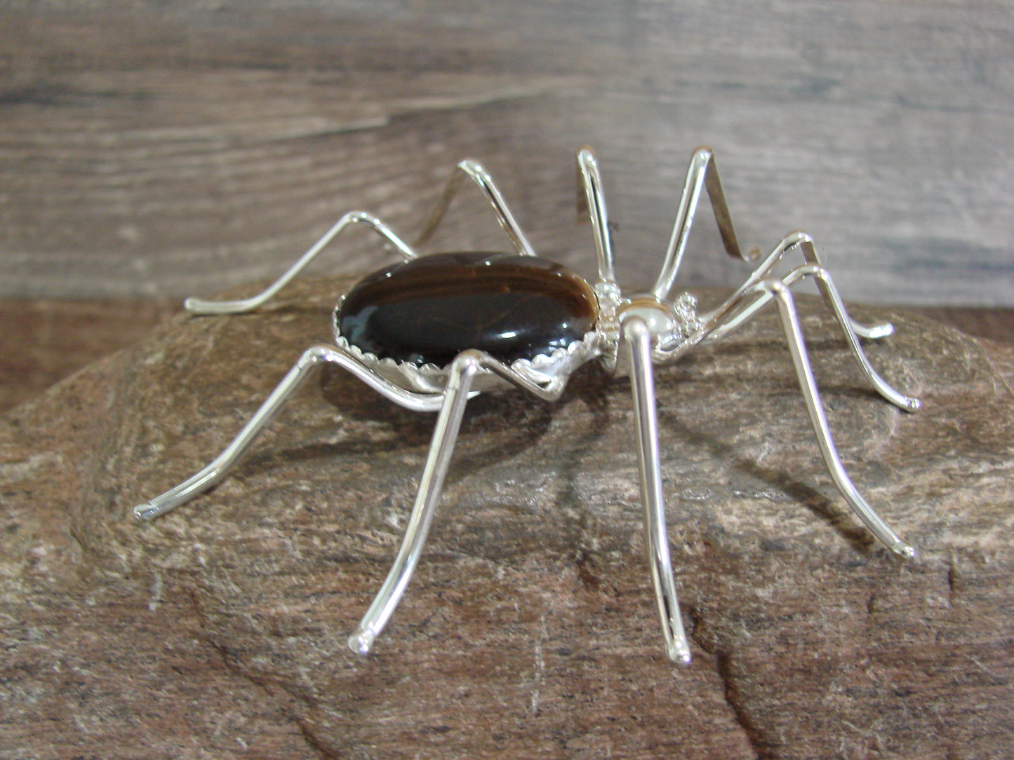 Large Native American Sterling Silver & Amber Spider Pin by Garfield