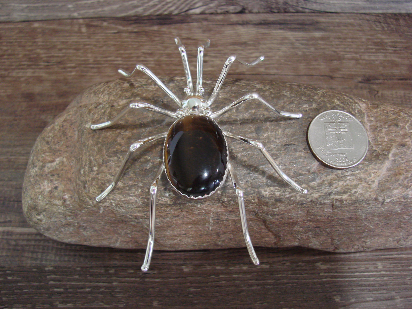 Large Native American Sterling Silver & Amber Spider Pin by Garfield