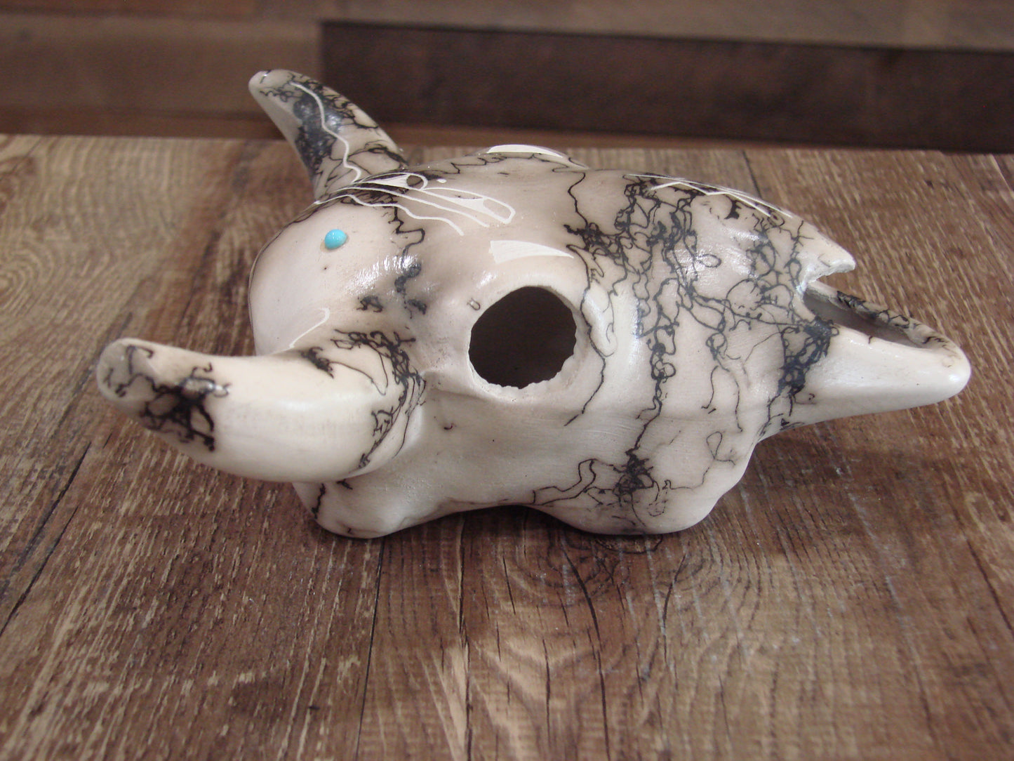 Native American Pottery Horse Hair Skull Sculpture by Vail